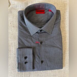Hugo Boss Black-Grey Micro Check Dress Shirt with Red Accent